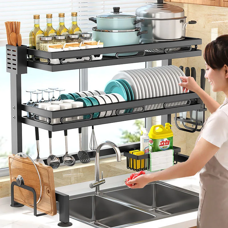 New Dish Drying Rack Kitchen Over The Sink Dish Drain Rack Utensil Holder Double Sink Stainless Steel Matt Black