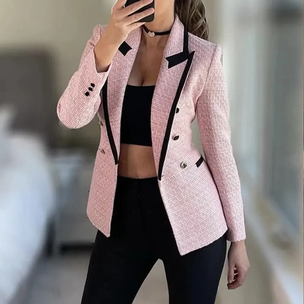 2024 Women Fashion Double Breasted Houndstooth Blazer Coat Vintage Long Sleeve Flap Pockets Female Outerwear Chic Vestes