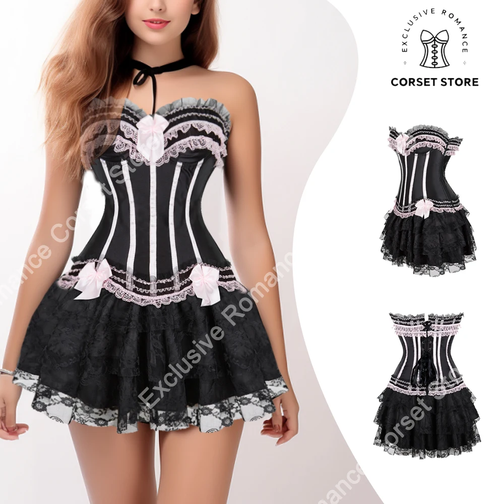 Overbust Lingerie Corset Lace up pink Corsets for girl\'s Bustier Plus Size and Princess Dress tutu Skirt Victorian Corset Dress