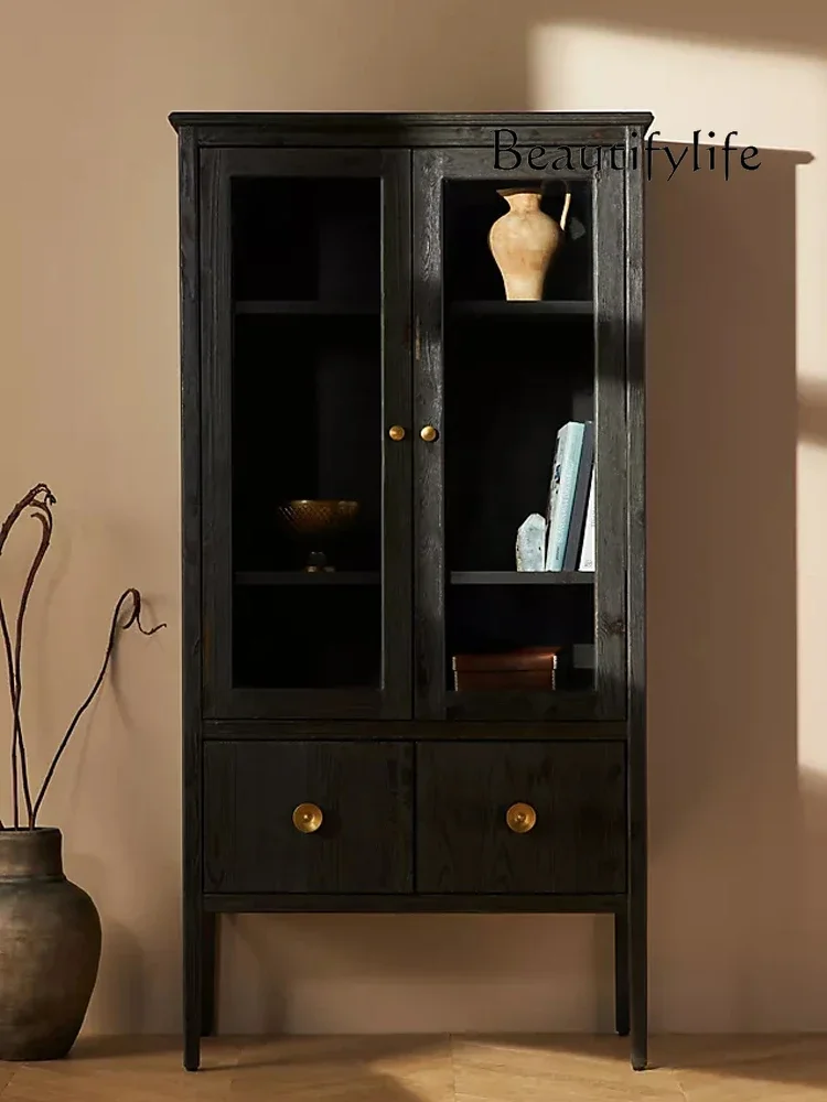 

HK American light luxury solid wood bookcase floor-to-ceiling bookshelf premium black storage with glass door wine cabinet