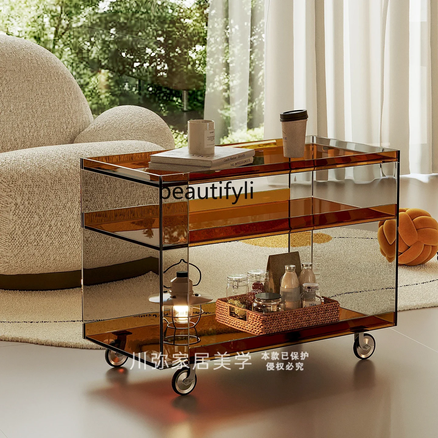 

Light luxury coffee table mobile trolley acrylic edge dining car living room tea table rack6005