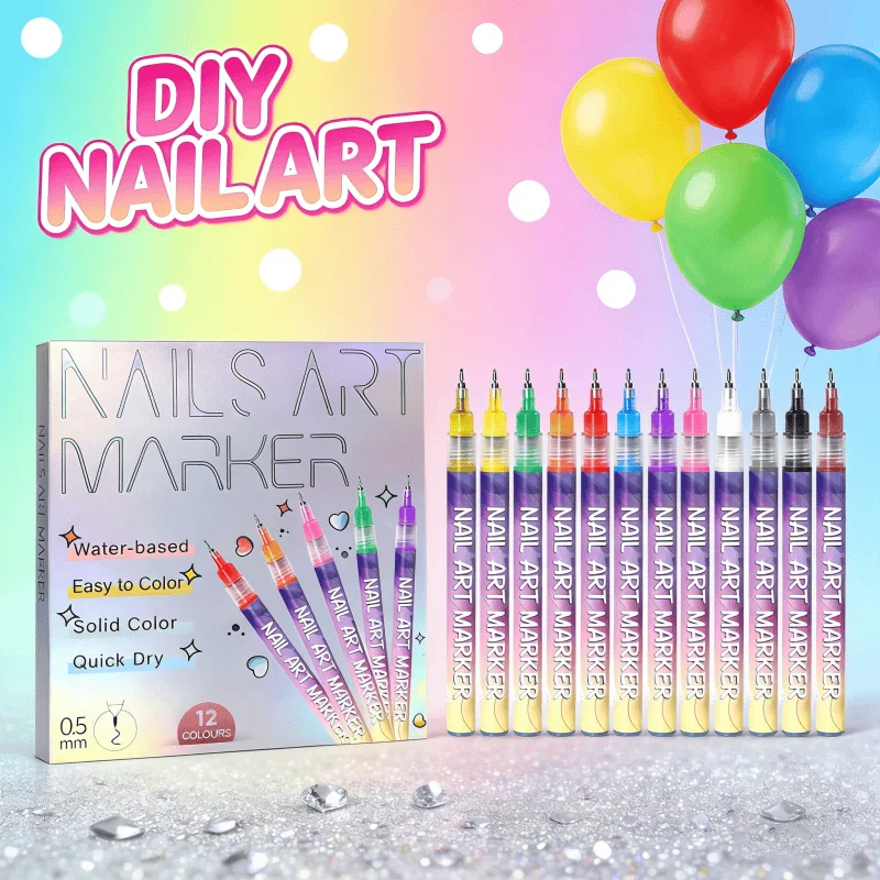 Zestaw 12 pisaków do zdobienia paznokci DIY, wielokolorowe paski do paznokci, profesjonalny pisak z igłą do rysowania linii, ręcznie rysowane kontury, personalizowane zdobienia paznokci.