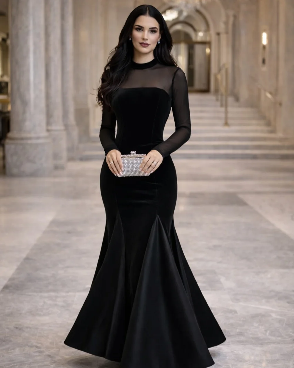 

Customized Simple Women Jersey Ruched Pleat Mermaid Evening Dress High Quality High Collar Long Sleeves Floor Lenght Party Gowns