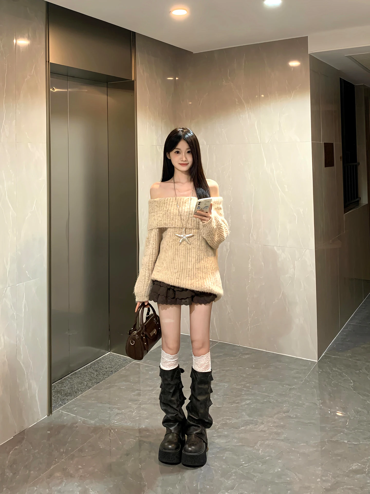 

Oaeal Off-oulder Knitted Sweater Women's Autumn Winter New Sle Korean Heavy Embelliment Cake Skirt Two-Piece Set