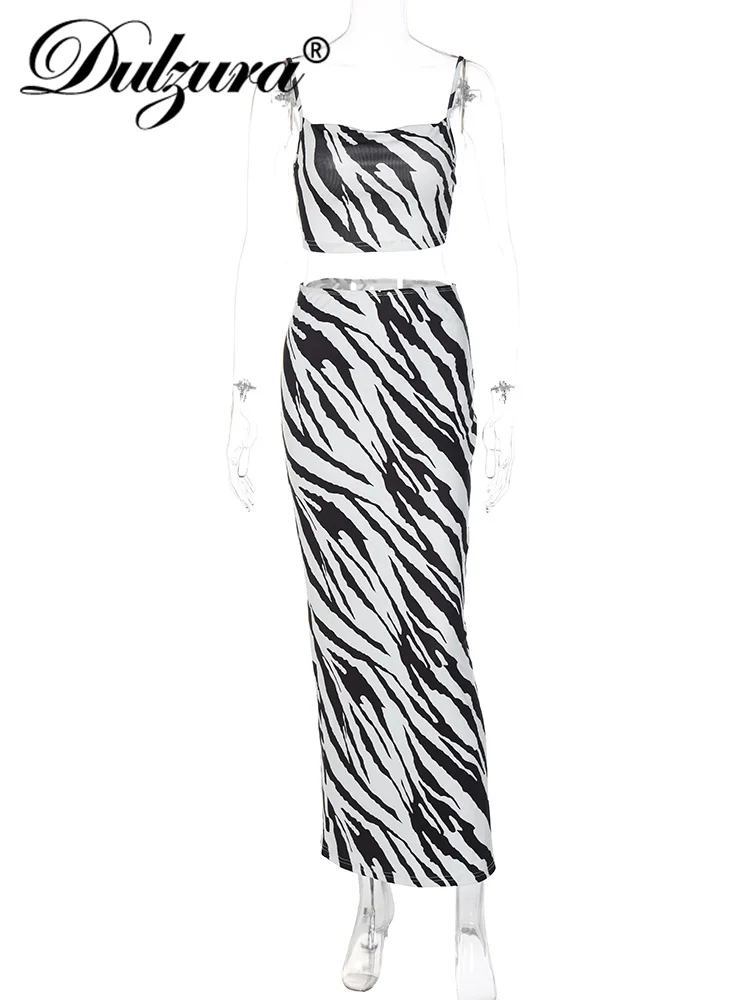 Dulzura Women Sexy Ribbed Y2K Clothes Zebra Print 2 Pieces Sleeveless Backless Crop Tops Bodycon Maxi Skirt Matching Set Club