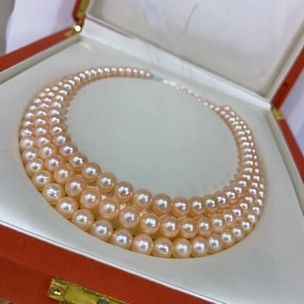 

Unique Pearl Necklace AAAAA 8-9mm Natural Round South Sea Orange Pink Pearl Necklace 20inch * 925s