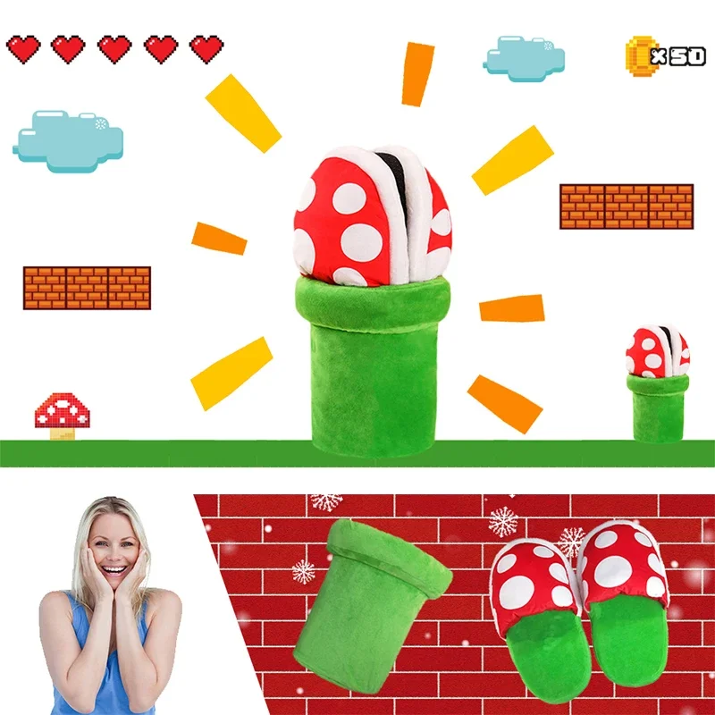 Super Marios Bros Piranha Plants Plush Slippers Kawaii Cartoon Keep Warm Anime Men Women Home Shoe Cosplay Costume Accessories