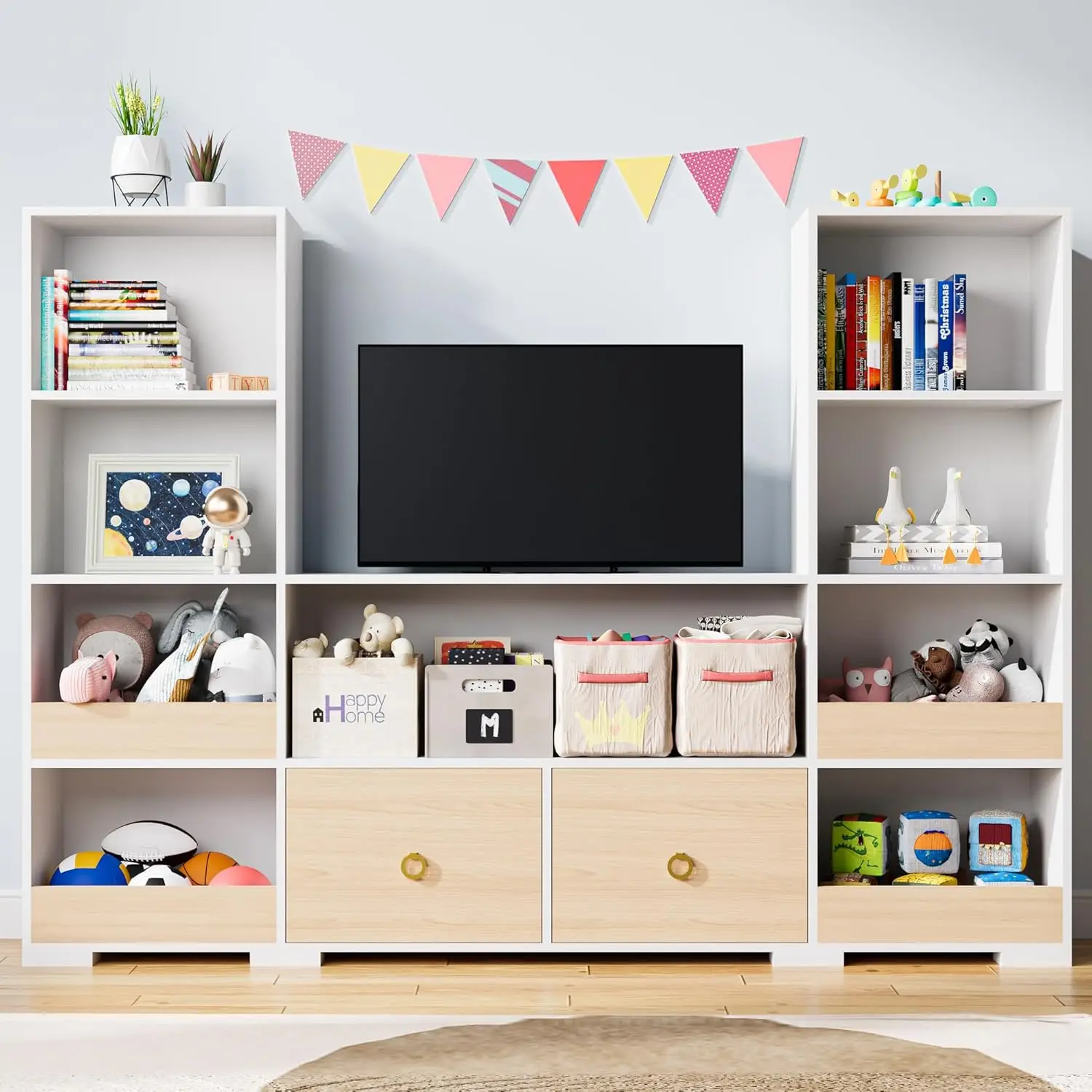 4-Tier Toy Storage Organizer with Drawers, 9-Cube Bookcase for Playroom, Nursery, Classroom, Bedroom