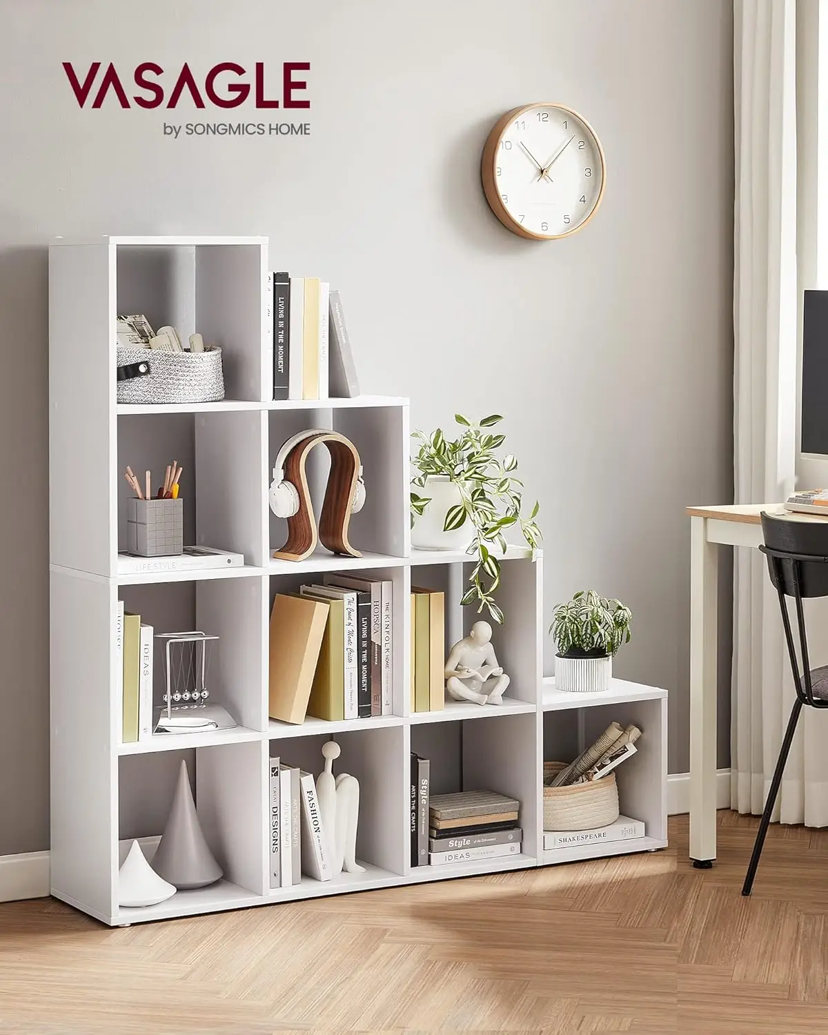 Bücherregal mit 10 Fsakern، Regal offen، Stufenregal، Ordinsia Sistemkke Deko، Fotos، Pflanzen، Wohnzimmer، Schlafzimmer، Arbe