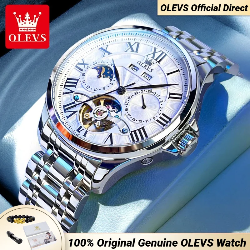 OLEVS 7013 NEW Men's Watches Automatic Mechanical Movement Flywheel Moon Phase Calendar Waterproof Men Wristwatches Luxury Brand