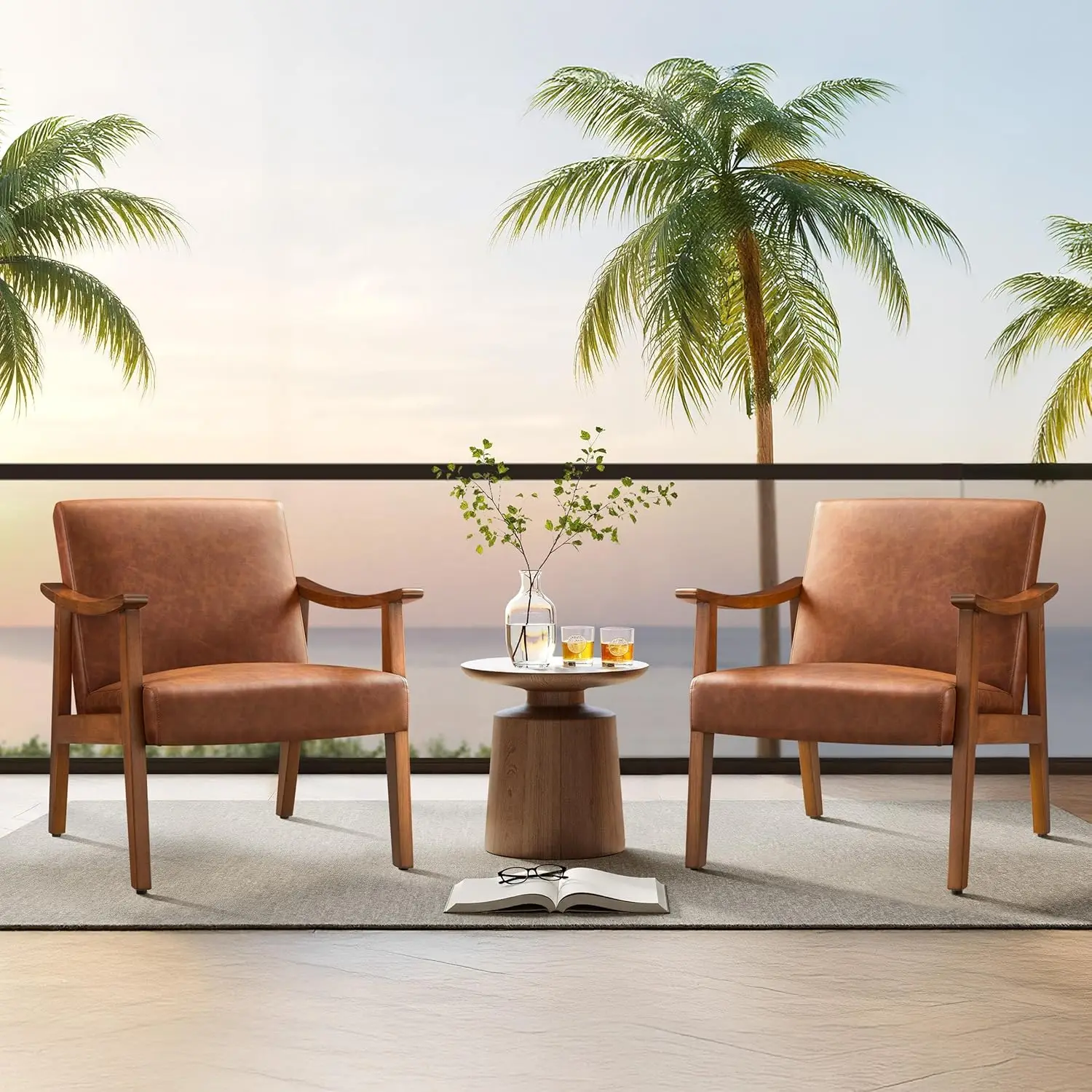 Set of 2 Light Brown Mid Century PU Leather Accent Chairs with Solid Wood Legs for Living Bedroom Waiting Room