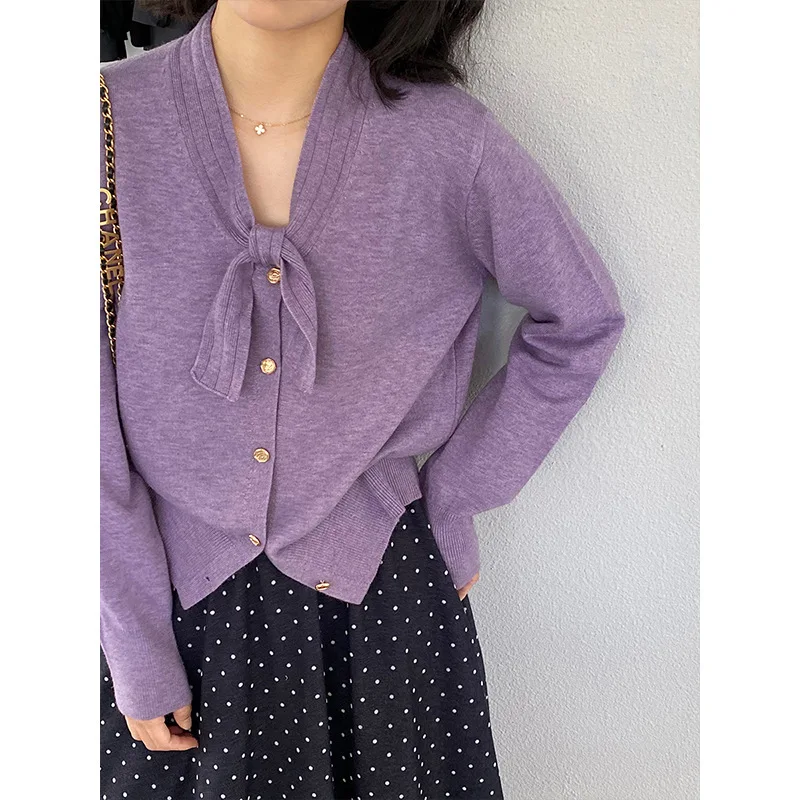 

BJTZ вязаный женский осенний свитер с узлом-бабочкой, новинка 2024, ленивый стиль, короткий темпераментный свитер, 2026, весенне-осенний новый топ