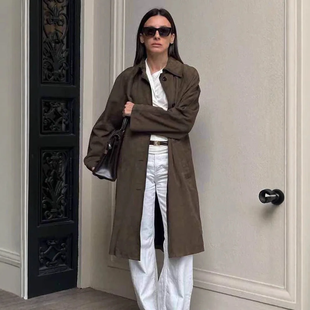 Outono e inverno retro marrom camurça casaco feminino longo high-end solto lapela jaqueta commuter roupas femininas