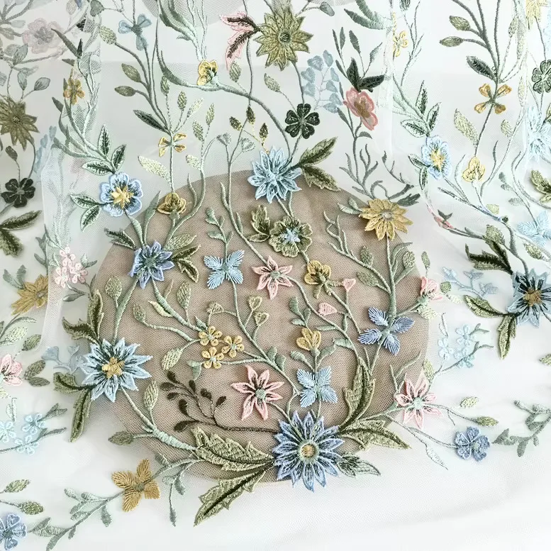 

1 ярд, новая мягкая сетчатая ткань, 3D вышивка цветов и листьев, телес, свадебное платье, ткань Cheongsam Matirial для платья