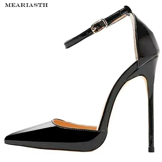 black Women's Pointed Toe Ankle Strap Stiletto 12cm High Thin Heel Pumps Wedding Party Office Career Basic Shoes size 34-44