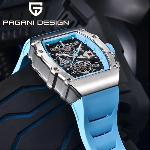 PAGANI DESING Relojes de cuarzo para hombre Esfera con mecanismo al descubierto 100M Reloj deportivo rectangular con cristal de zafiro resistente al agua para hombre