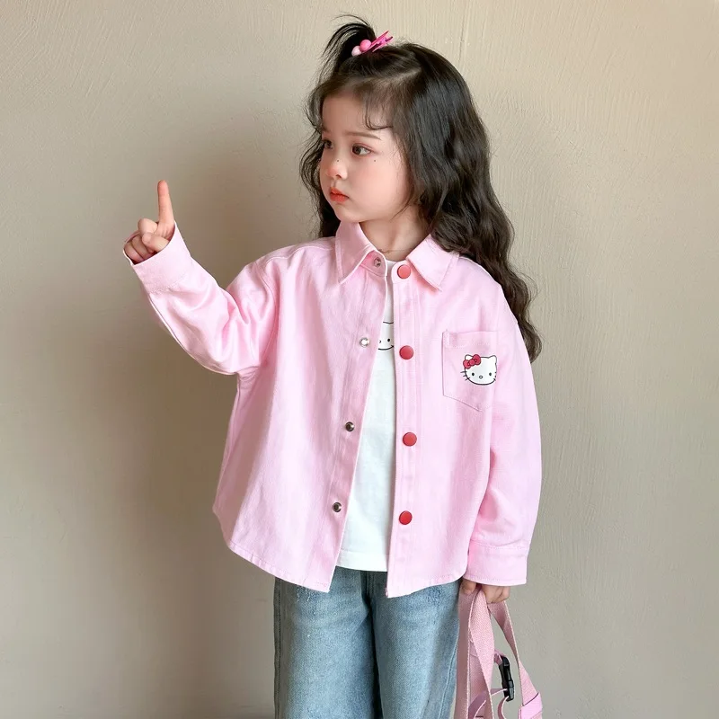 

Hello Kitty Girl's Shirt Kawaii Sanrios Anime Spring New Children Pink Lapel Collar Children Fashion Casual Dopamine Tops Coat