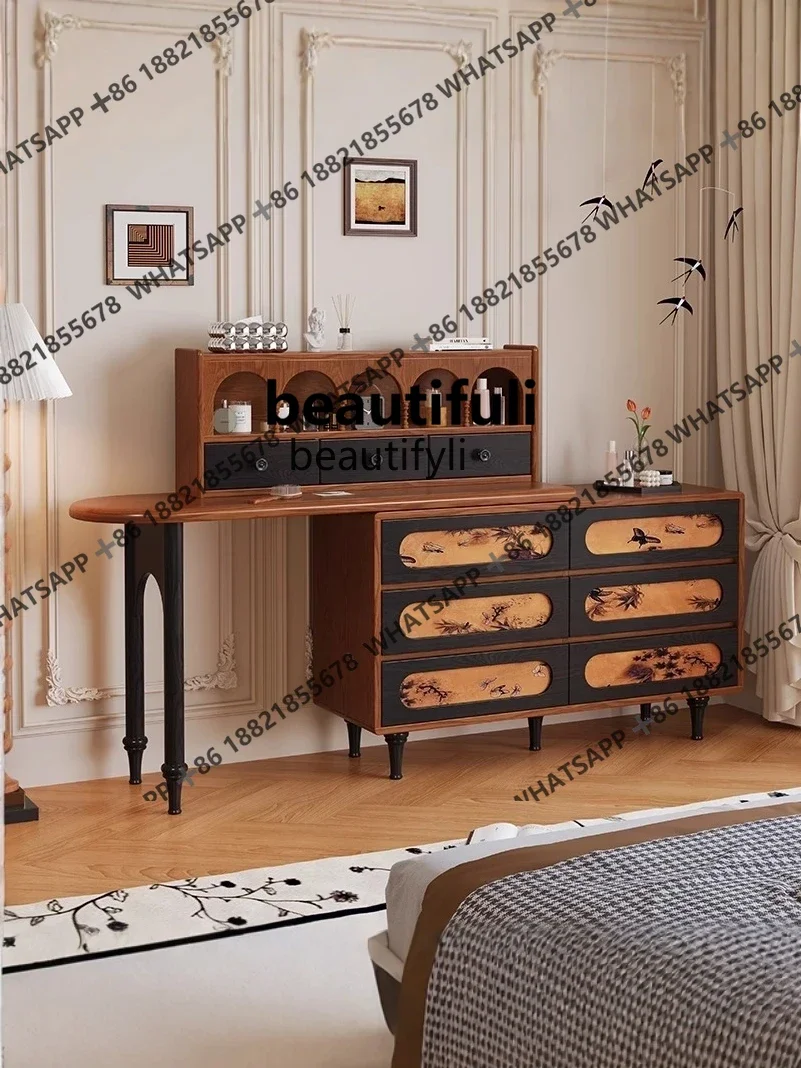 Ash Wood Solid Wood Dressing Table with New Retro Bedroom Retractable Makeup Table