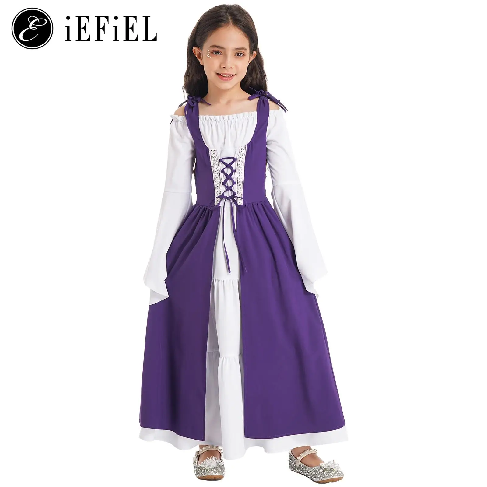 

Kids Girls Renaissance Costume Medieval Victorian Irish Long Over Dress Halloween Cosplay Party Princess Fancy Dress up