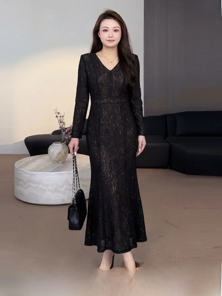 

Ele Long Sve Lace Dr V-Ne High Waist A-Line Skirt Spring Faion plus Size Women's Dr Ci Commute Wear