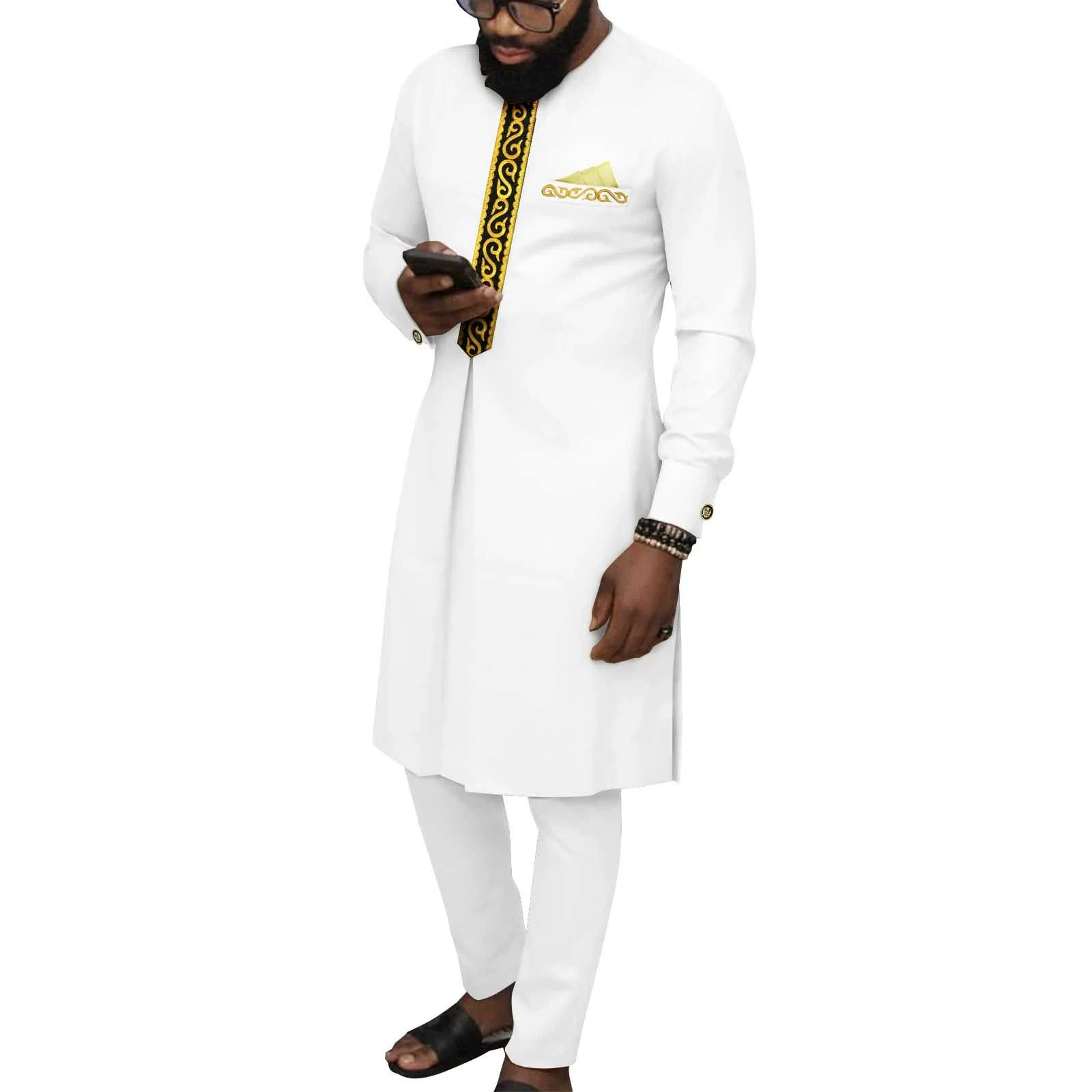 Африканские костюмы для мужчин, комплект из двух предметов, жаккардовые Дашики с длинными рукавами и брюки, традиционный комплект одежды для вечеринок