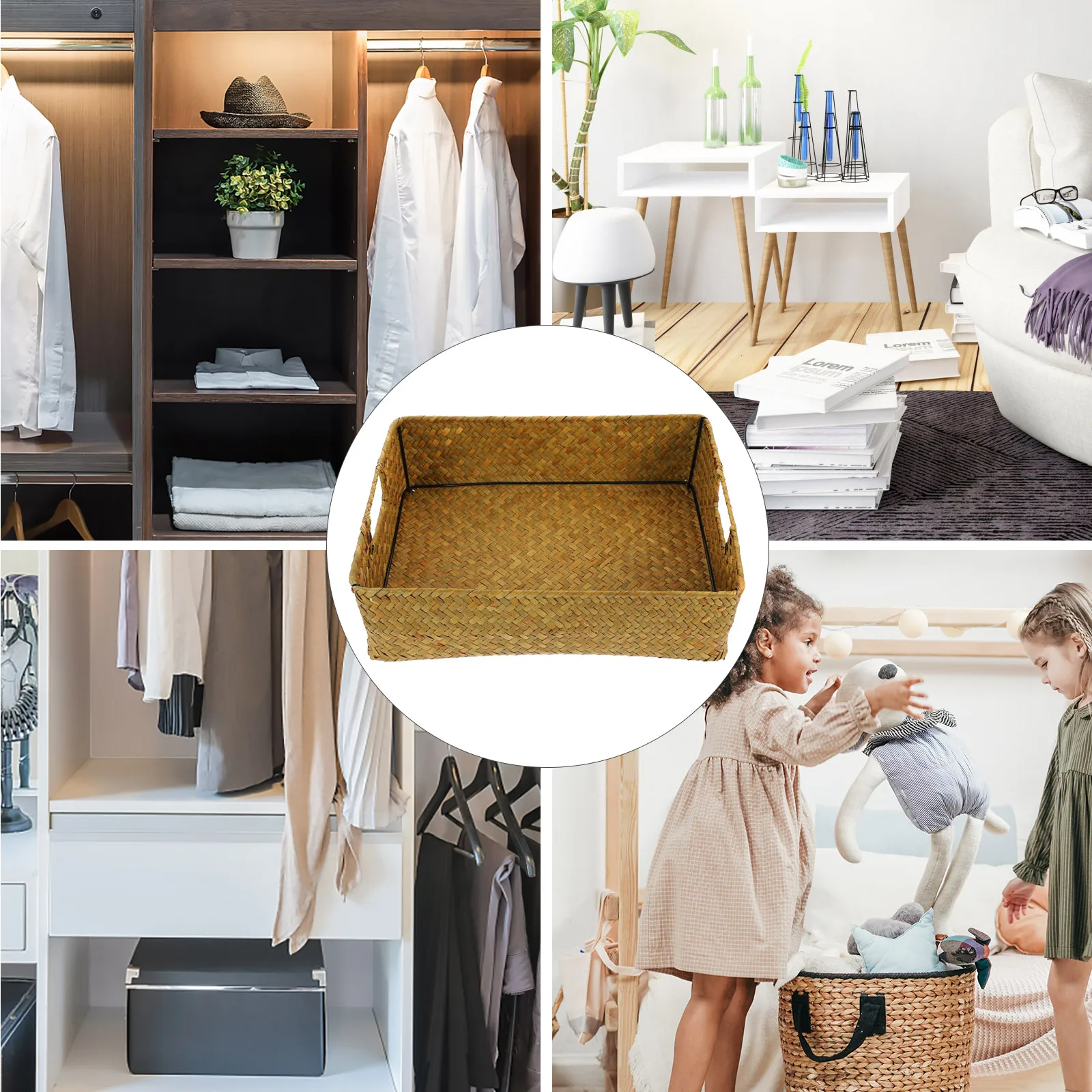 

1pc Rectangular Natural Seaweed Storage Basket Handwoven ganizer Box Large Capacity Eco friendly Woven Container for Bedroom