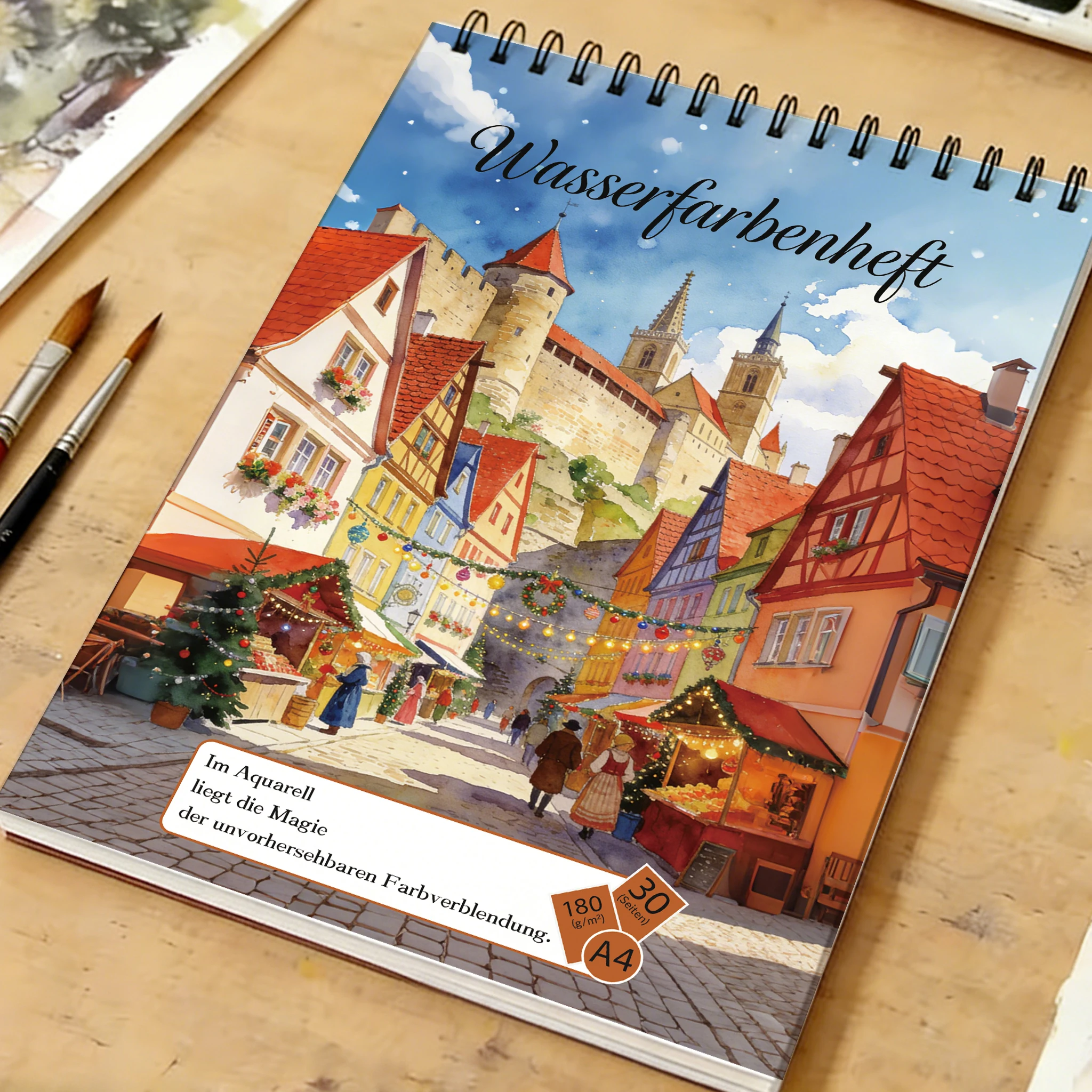

Профессиональный акварельный скетчбук А4 на спирали, 30 листов, бумага 180 г/м² без кислот, обложка «Рождественский рынок и Средневековый город», для рисования