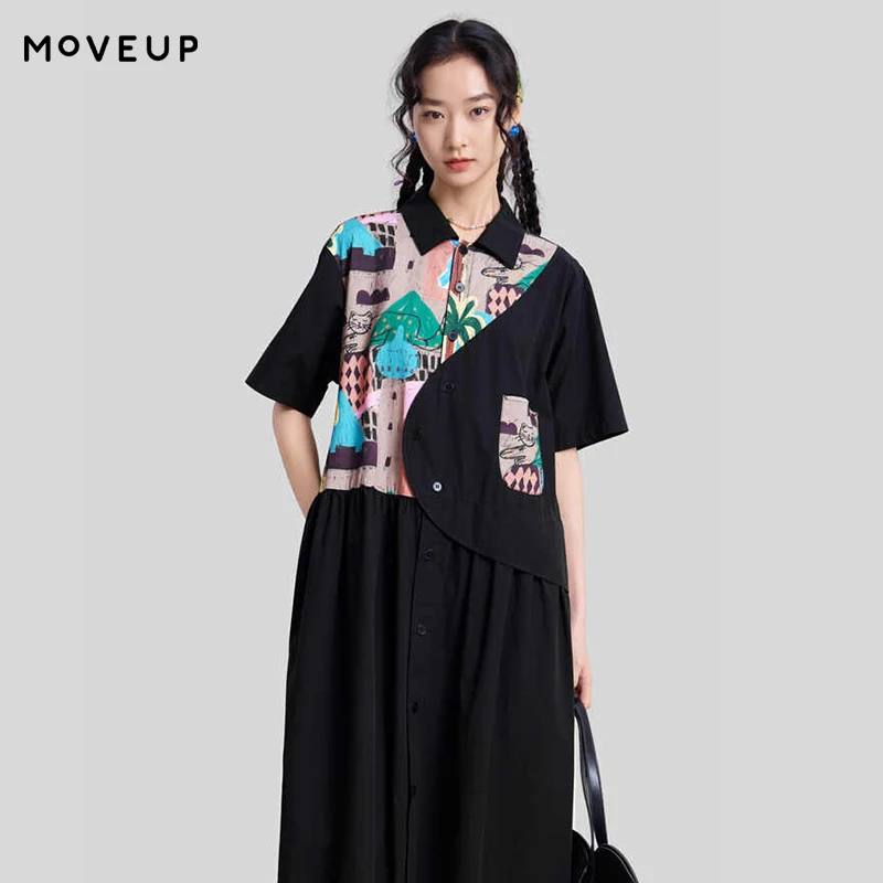 

MOVEUP Pure Cotton Turn-Down Collar Dress Spring 2026 New Cartoon Print Diagonal Patchwork Retro Dress For Women 3ELC21315