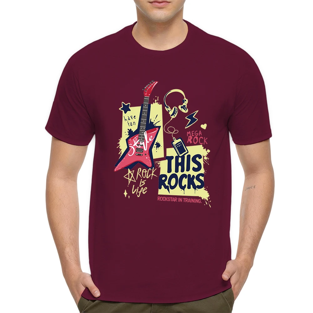 Mens 100% Cotton T Shirt Electric Guitar Graffiti Splash Rock Is Life Print Breathable Short Sleeve Casual Daily Tee