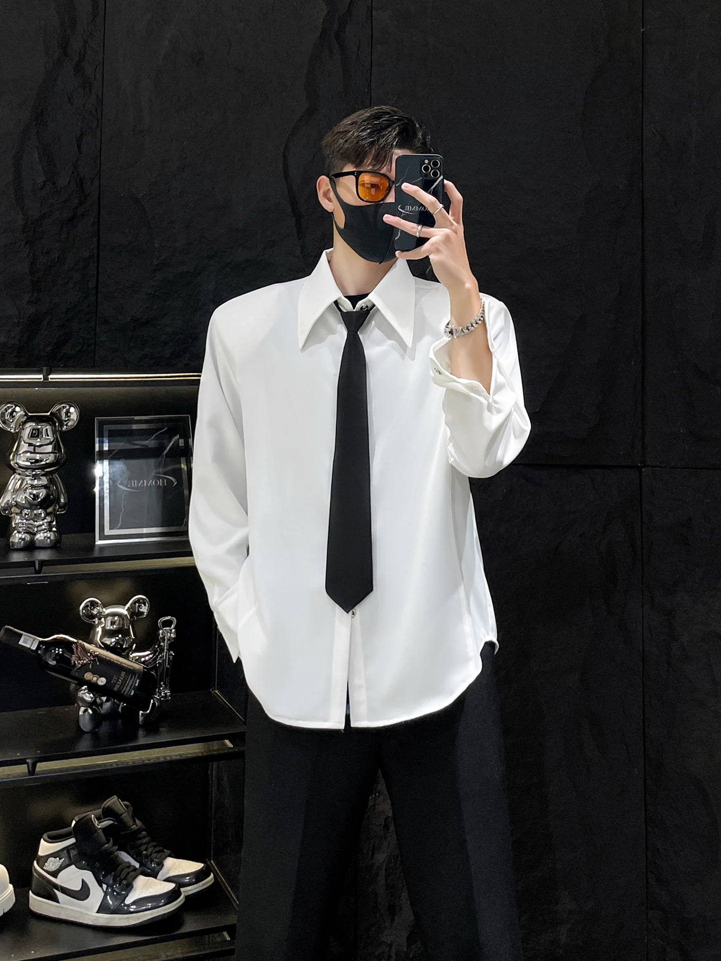 

Белая повседневная свободная мужская сетка против морщин с подкладкой Homme Korean Simple Sle Ice Sensation Long Sve irt