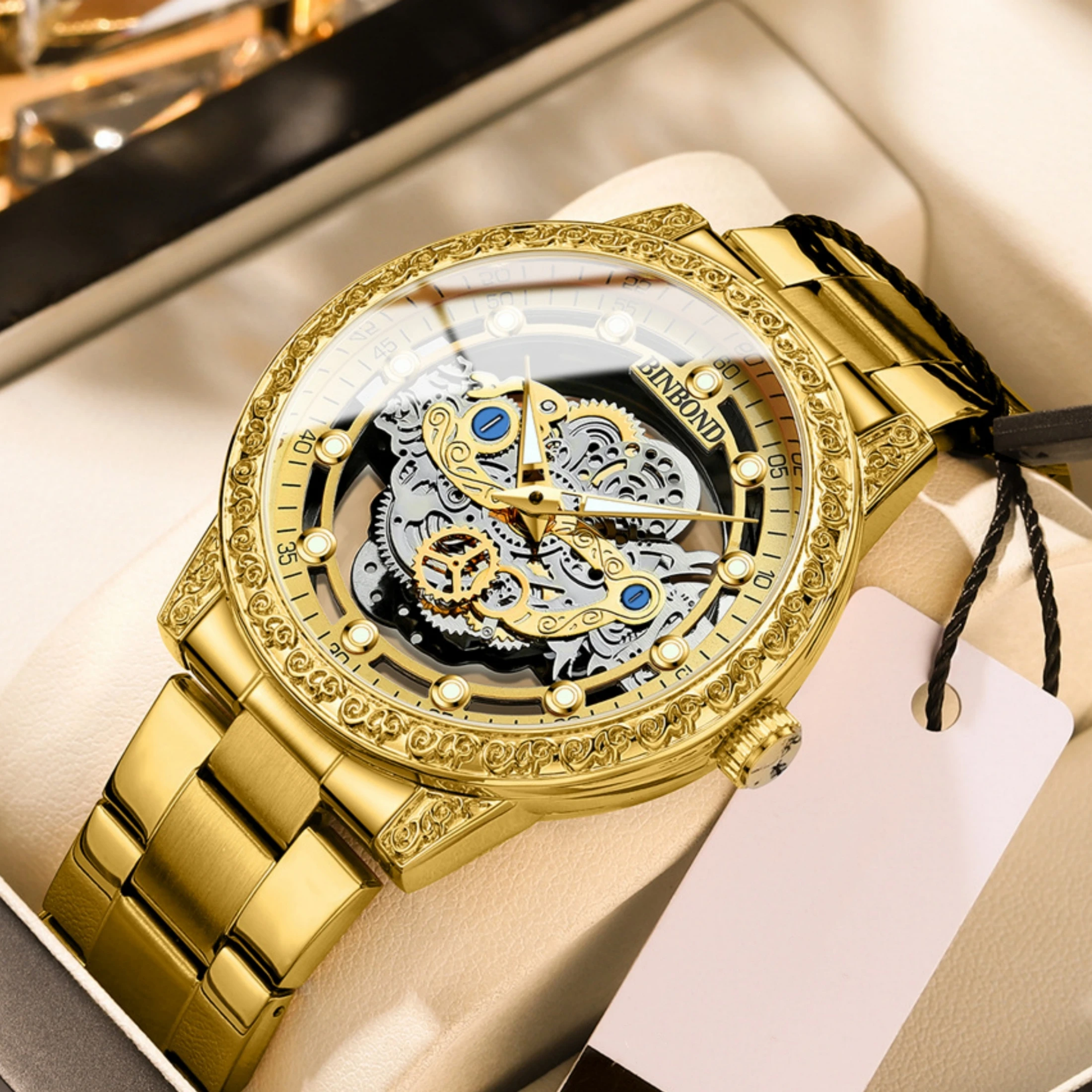 

Выдолбленные часы со скелетом, модные мужские часы с указателем, светящаяся видимая прозрачная задняя крышка, кварцевый праздничный подарок на день рождения