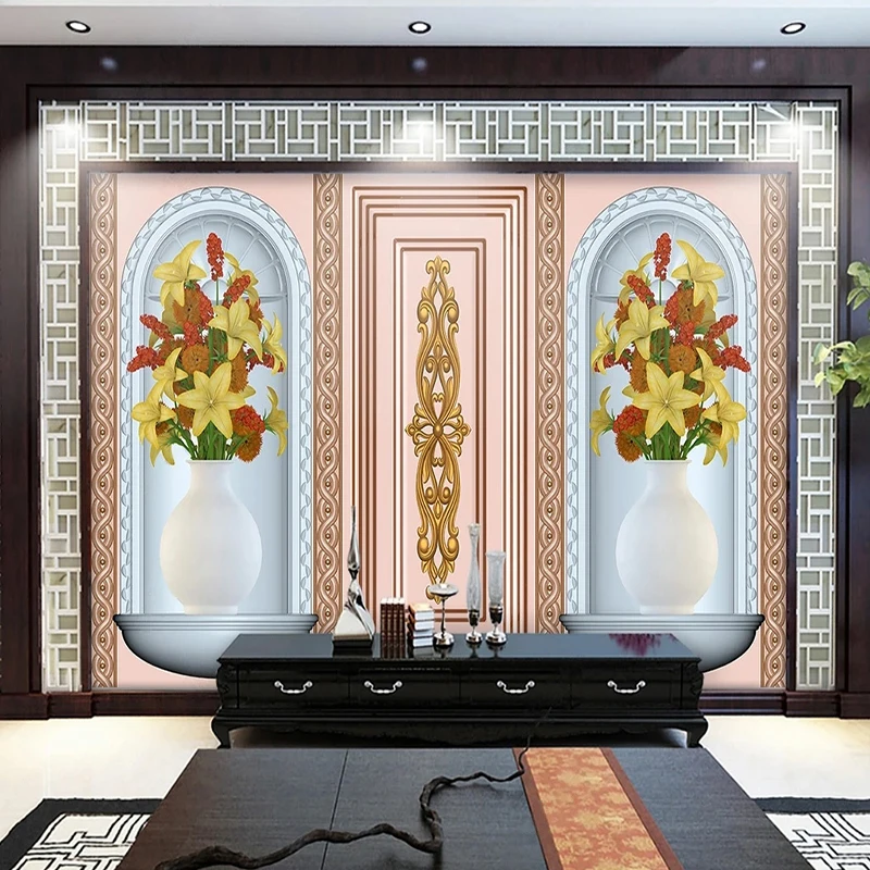 3D European Style Photo Murals Art Wallpapers Golden Carved Plant Vase Flower Custom Any Size Wall Papers Home Interior Decor