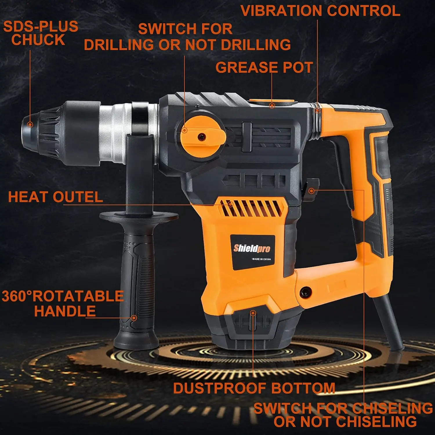 Shieldpro 1-1/4 Inch Sds-Plus 13 Amp Rotary Hammer Drill Heavy Duty, Safety Clutch 3 Functions With Vibration Control,Including