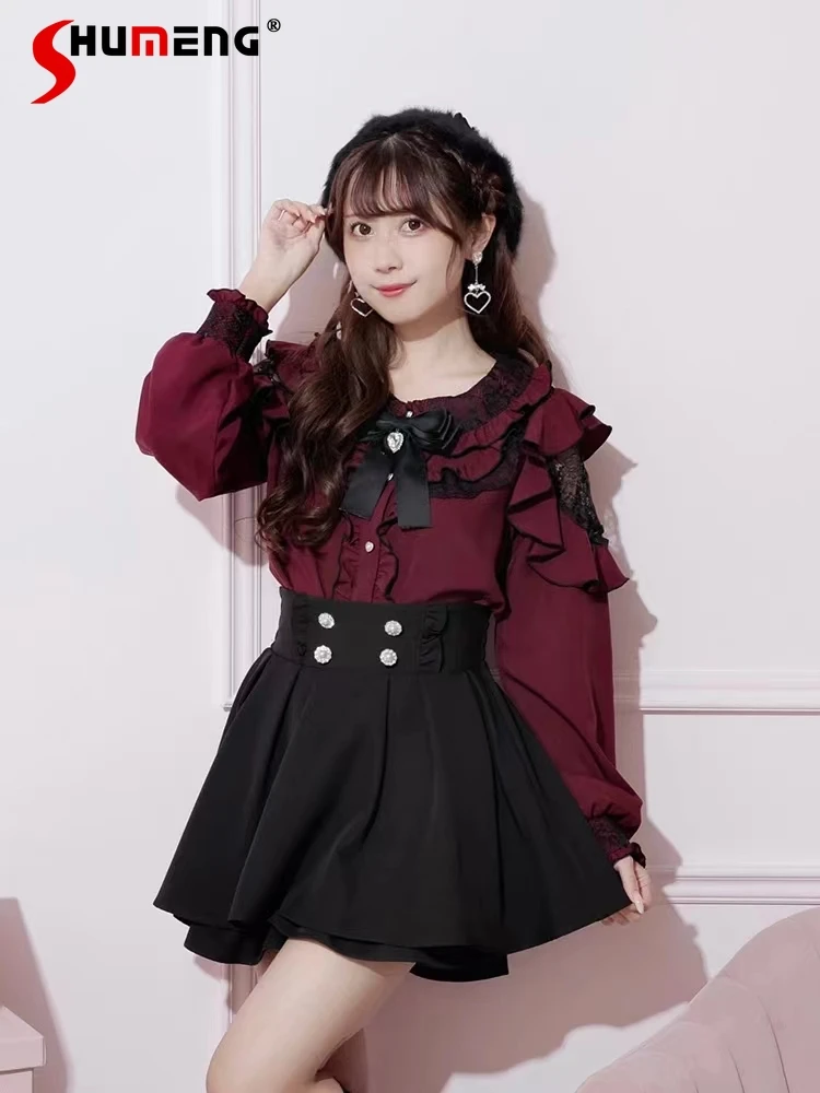 

Japanese Mine Style Ruffled Lace Hollow Out Off-Shoulder Sweet Round Neck Long Sleeve Heart Buckle Single-Breasted Shirt Women