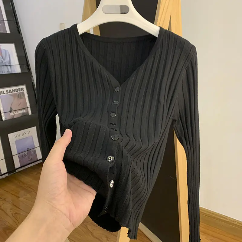

Весенне-осенний новый простой однотонный элегантный кардиган с v-образным вырезом и длинными рукавами, вязаные корейские свитера, модная корейская женская одежда