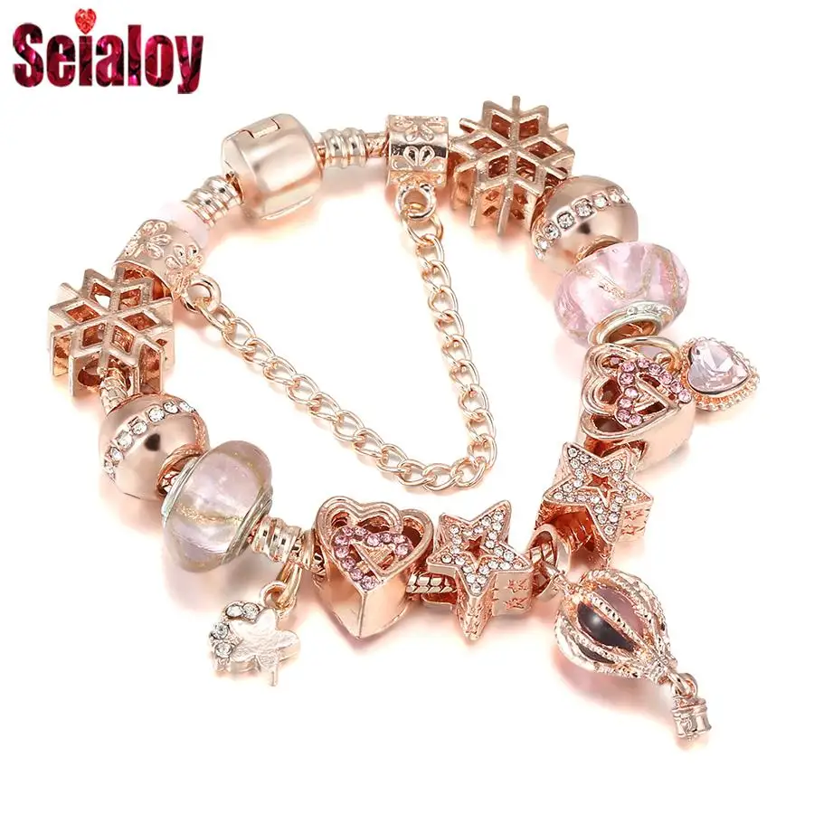 Seialoy Rose Gold Color Heart Beads Crystal Hot Air Balloon Charm Bracelets For Women Meteor Crystal Snowflake Bead Bracelet