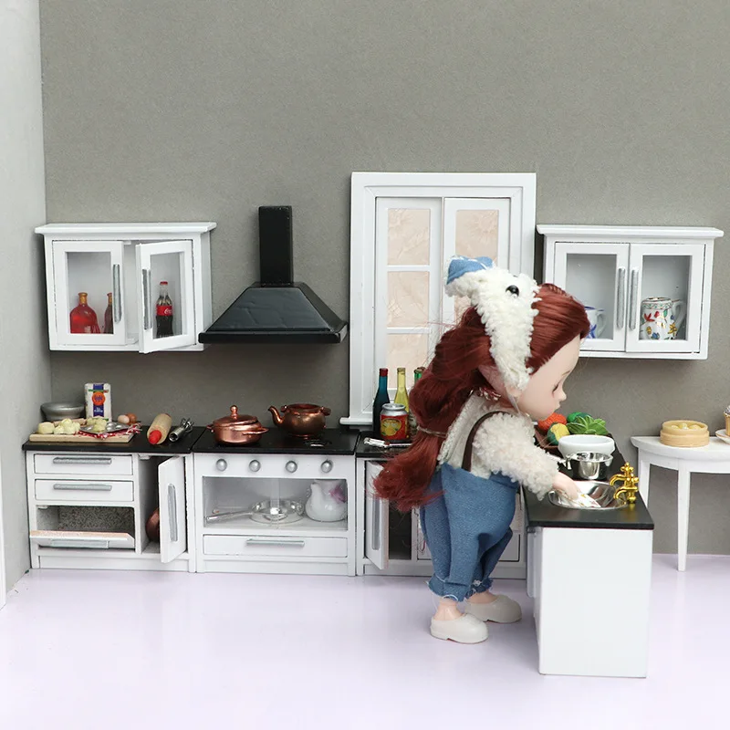 1:12 Wooden Mini Furniture Dollhouse Kitchen Scene White Kitchen 7-piece Set Creative Doll House Miniature Accessories Toys