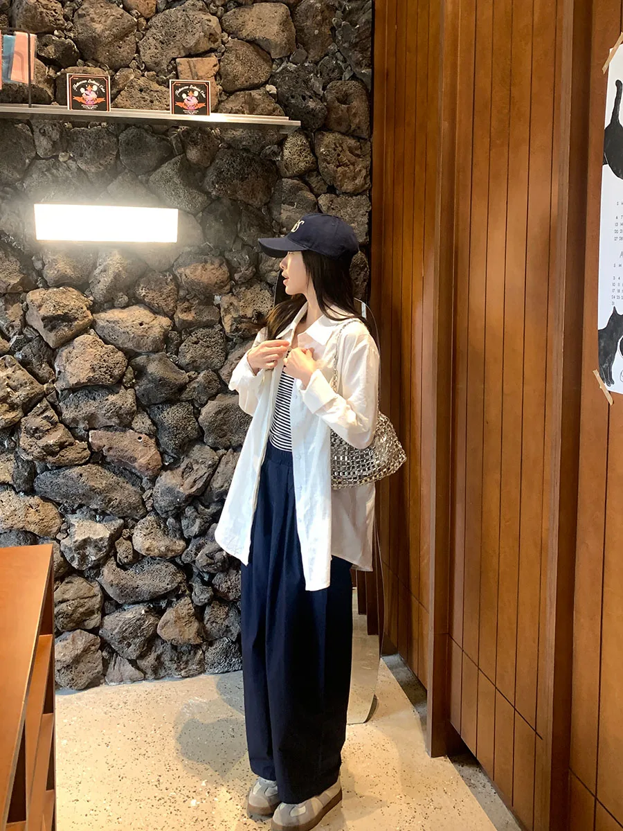 

Pigpigbig Spring Summer New Commuter Loose Wide Leg Casual Pants Asymmetric High Waist Long Trousers for Women