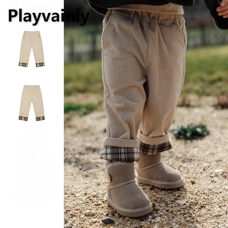 

New Spring Autumn Children Corduroy Straight Leg Pants Elastic Waist Fashion Plaid Cuffed Pants Boys Girls Casual Trousers A5322