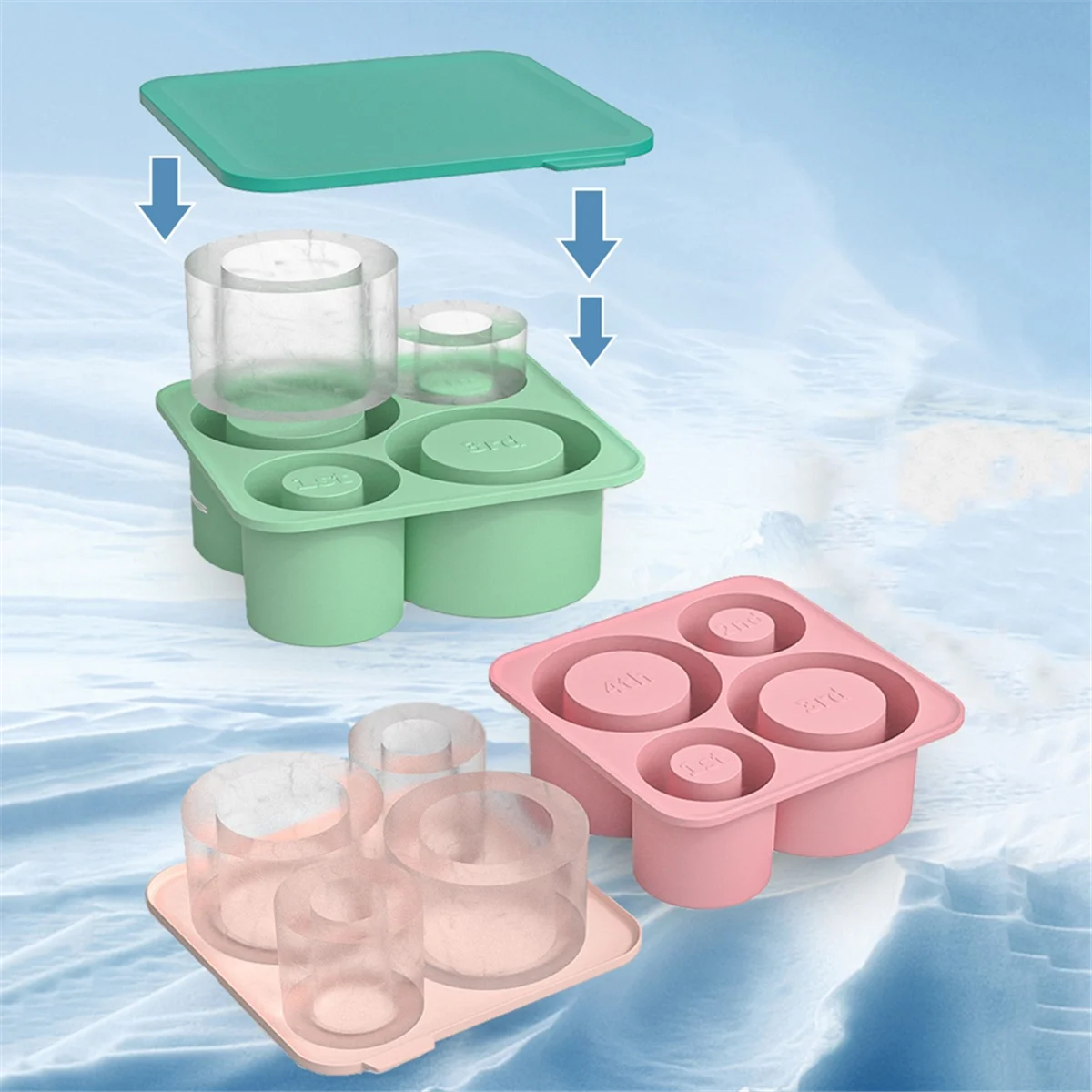 Silicone Ice Mold with Lid for Making 4 Hollow Cylinder Ice Molds for 20/30/40 Oz Cups for Chilling Cocktails Grey