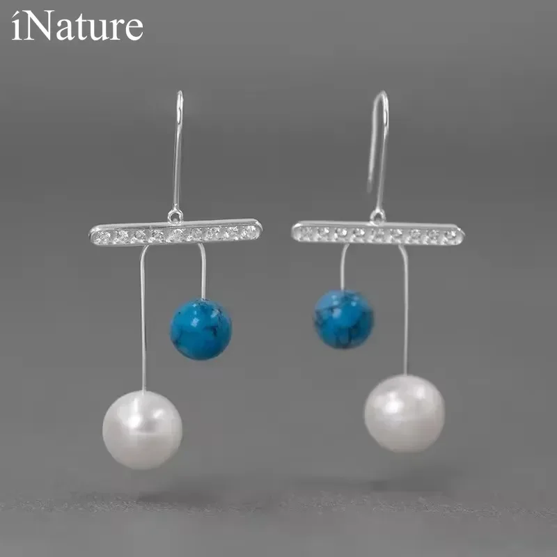 INATURE 925 Sterling Silver Blue Turquoise Pearl Fresh Cherry Fruit Dangle Earrings For Women Daily Party Jewelry