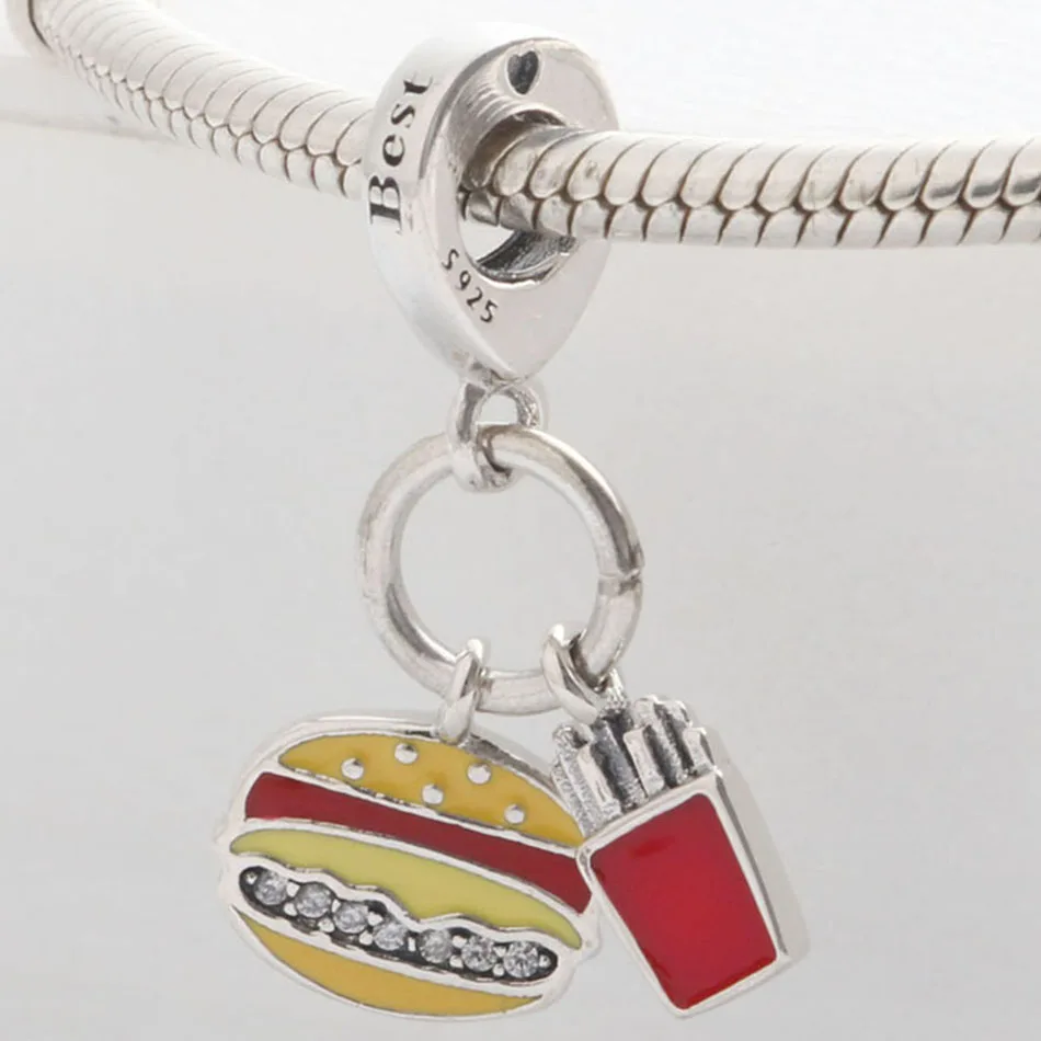 Authentic 925 Sterling Silver Mixed Enamel Burger & Fries With Crystal Pendant Charm Fit Woemn Bracelet Bangle DIY Jewelry