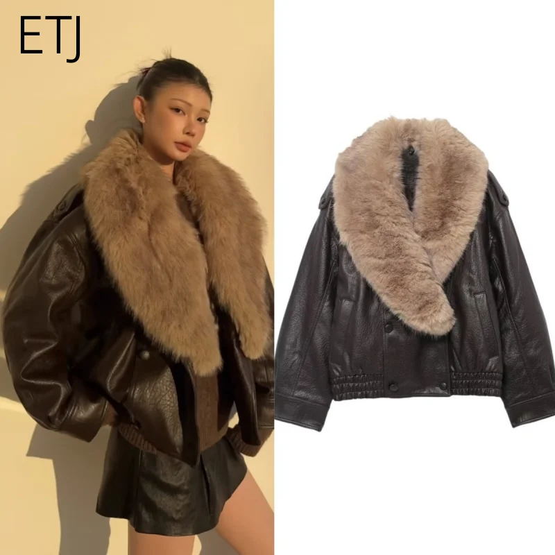 

ETJ 2025 women's winter new fashion detachable faux fur collar loose version faux leather jacket cool coat