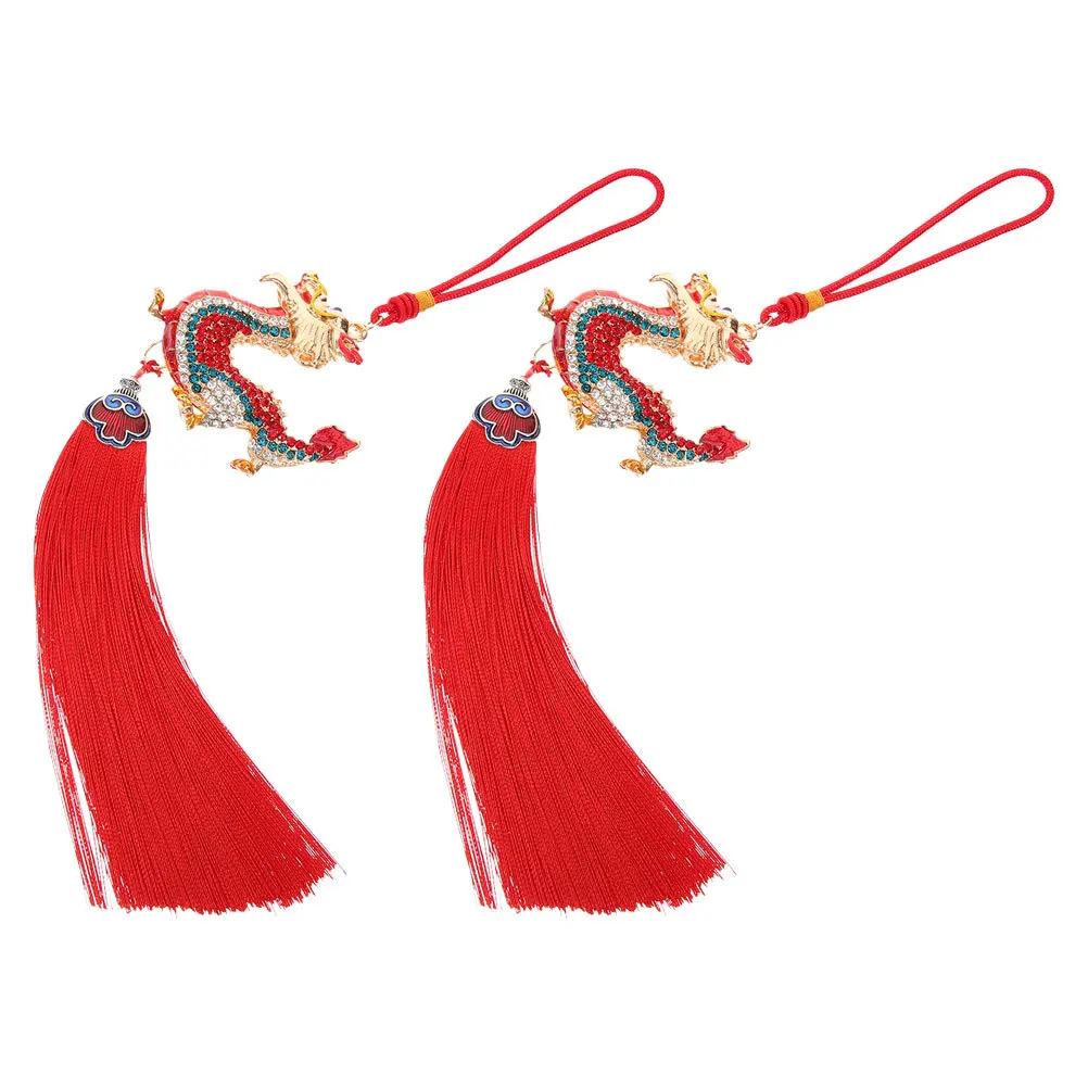 

2pcs Dragon Pendant Car Hanging Ornament Rhinestone Tassel Decor For Rear View Mirror Chinese Style Car Accessories
