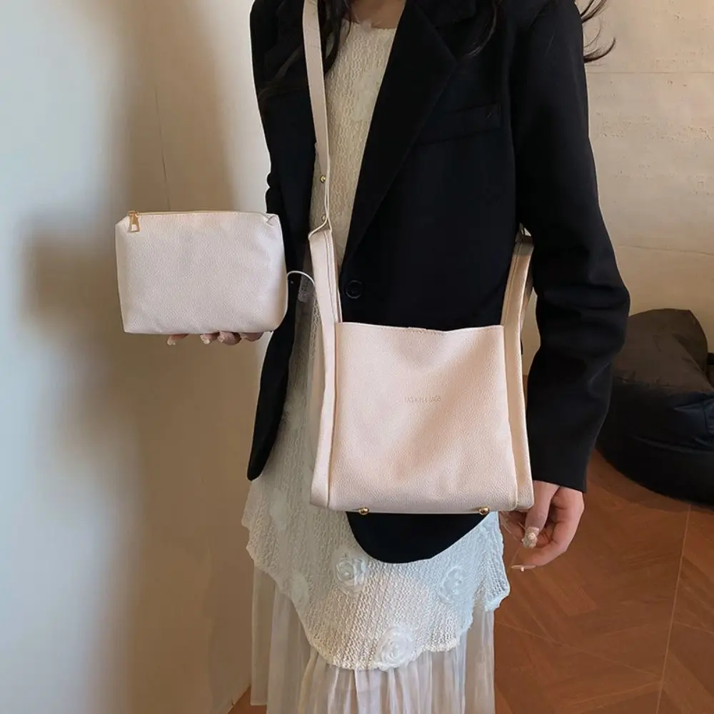 

2pcs/set Portable Versatile Bucket Handbags Solid color Luxury Single Shoulder Bag With Small Bag Pu Leather Underarm Bag Women
