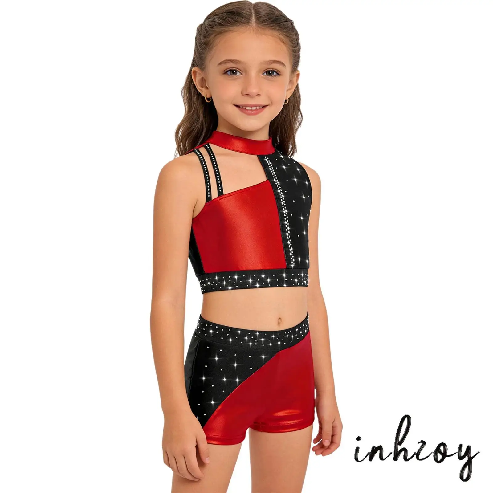 

Kids Girls Jazz Hip Hop Disco Dance Outfit Mock Neck Sleeveless Shiny Rhinestones Metallic Color Block Crop Top with Shorts