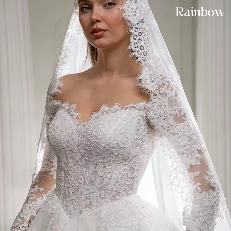 

Elegant Wedding Dress Organza With Embroidery Princess Ballgown Fullsleeve O-Neck Customized Bride Sashes Lace Up Vestido De Nov