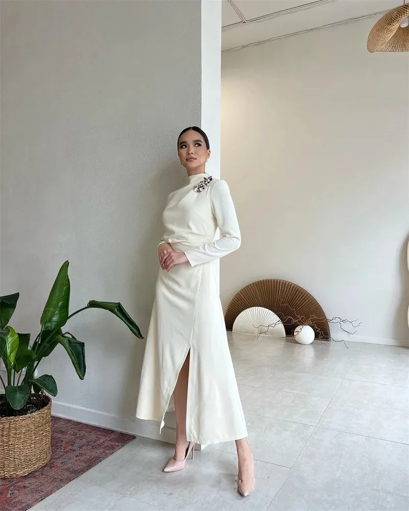 Flora Dress Elegant White Satin Mermaid Evening Dresses Long Sleeves High Neck Slit Beads Saudi Arabic Formal Occasion Prom Gown