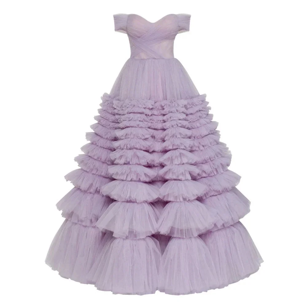 Sansa-vestido De tul con hombros descubiertos para mujer, traje elegante De Noche sin mangas, multicapa, 2024