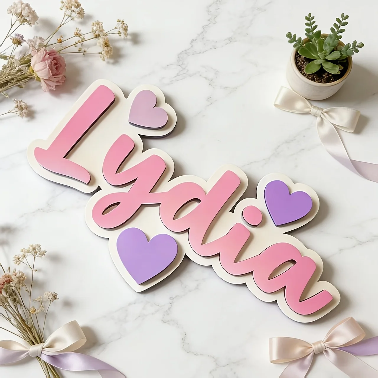 Personalized Gradient Heart Name Sign, Customizable Pink & Purple Door Plaque, Nursery Bedroom Decor, Sweet Hanging Gift - view 3